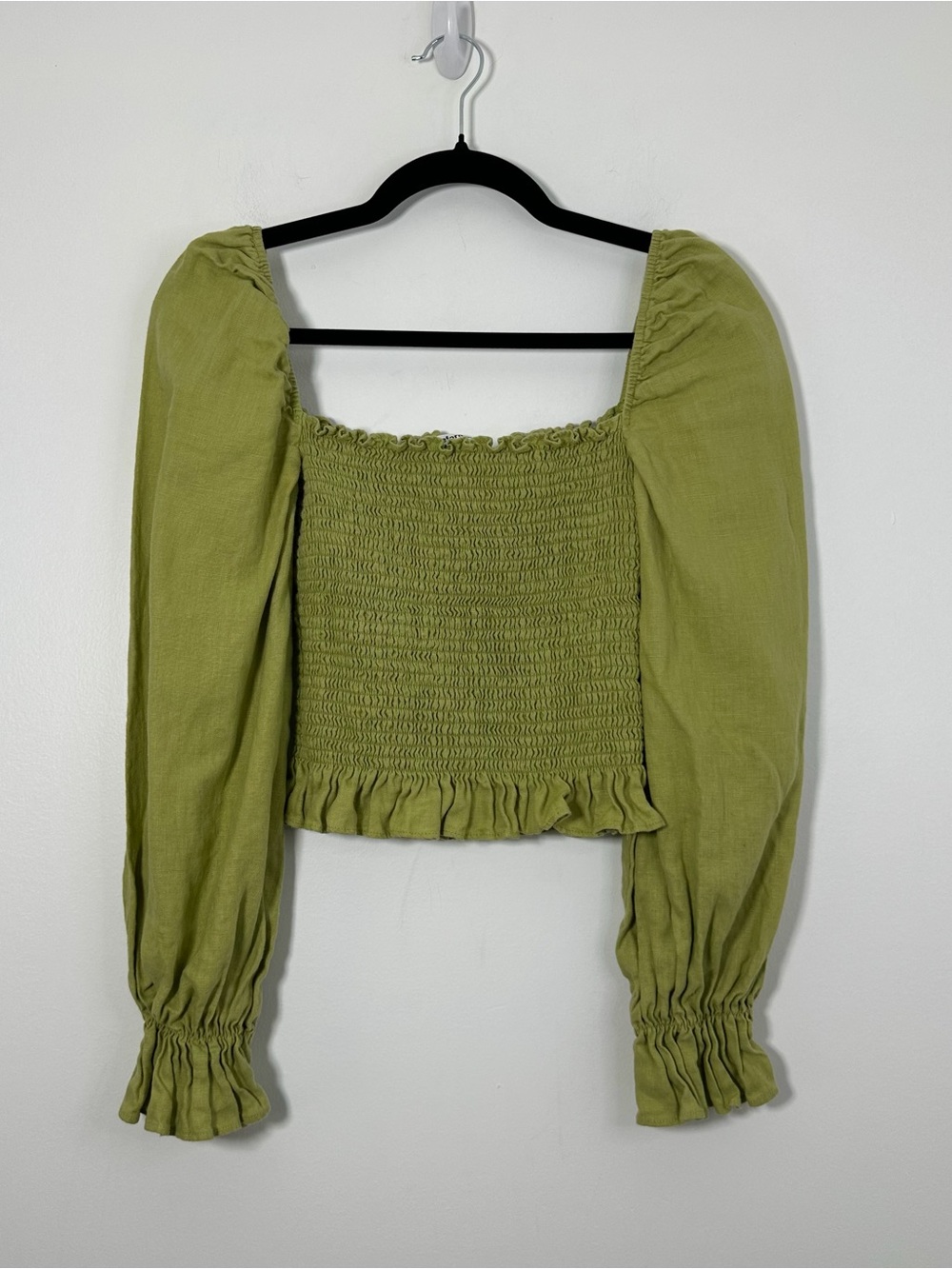 Reformation Green Linen Smocked Puff Sleeve Crop Top Size Small